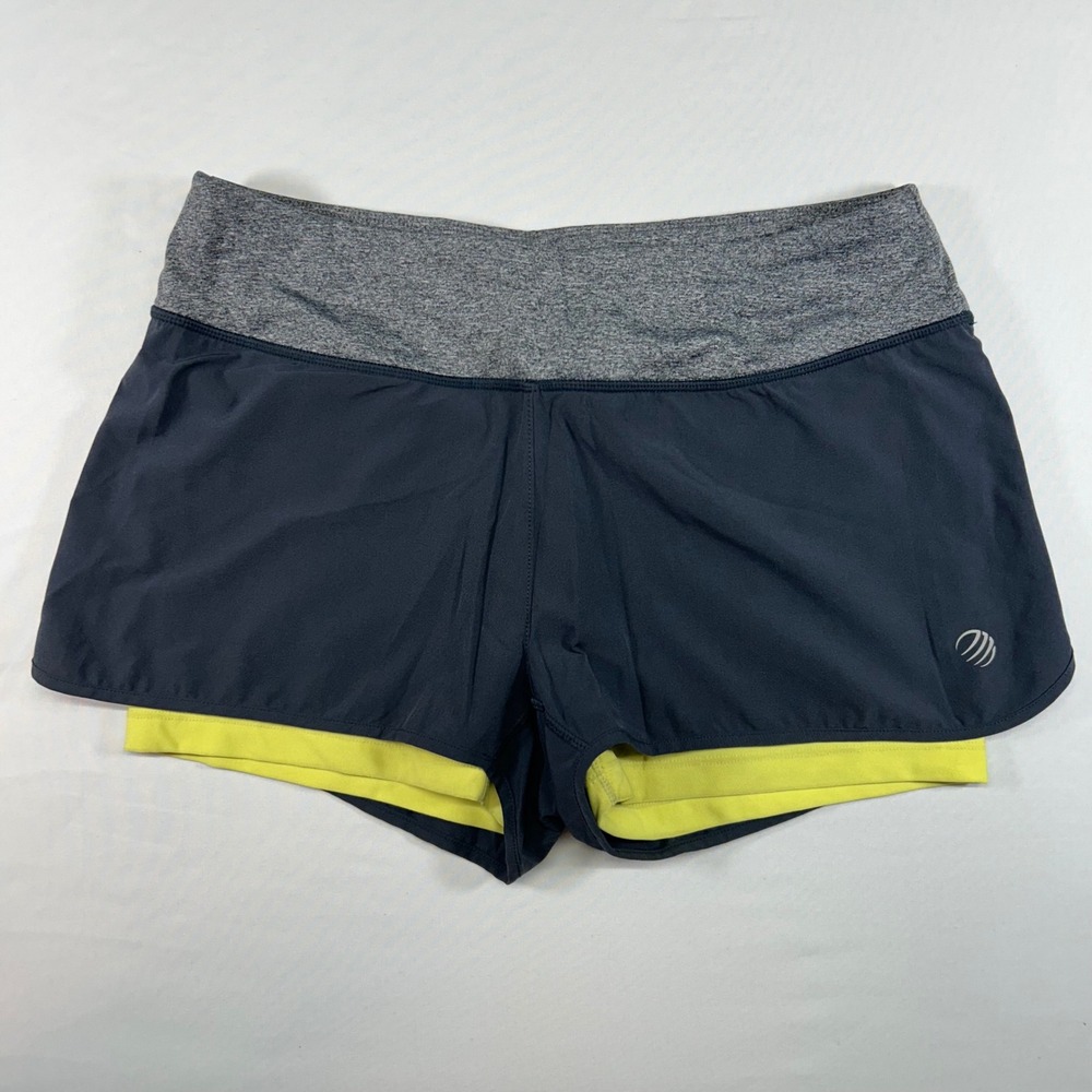 MPG Sport Womens 2-in-1 Running Shorts Gray Black Neon Yellow Size Small S